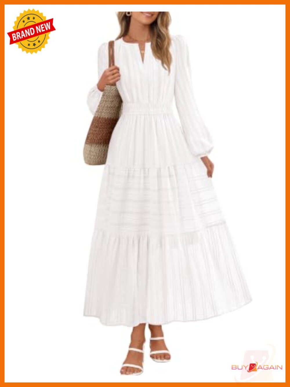 Women's Puff Long Sleeve V Neck Midi Maxi Dress Cotton Jacquard Tiered